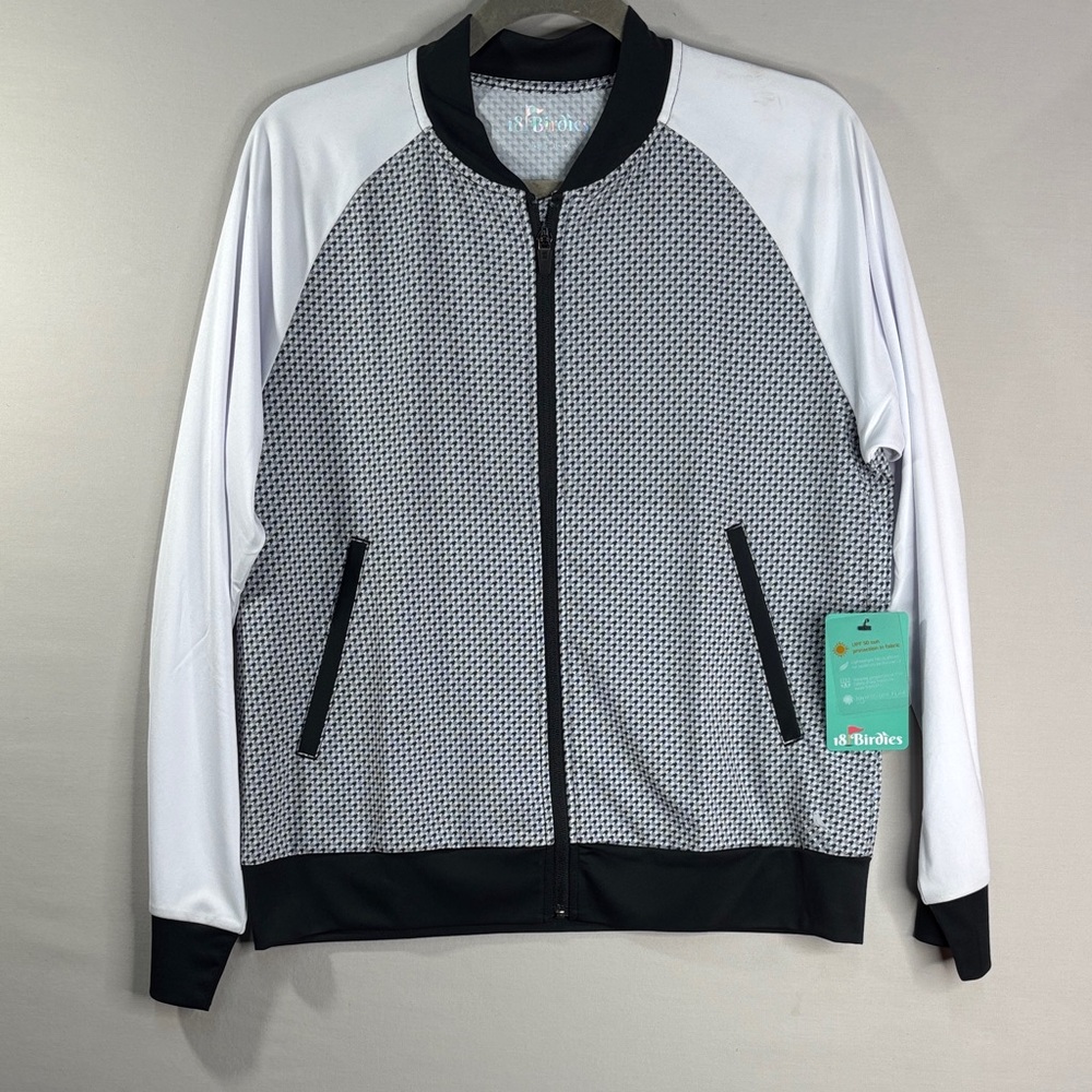 Birdies Ladies White & Gray Patterned Zip Bomber Jacket with Black Trim